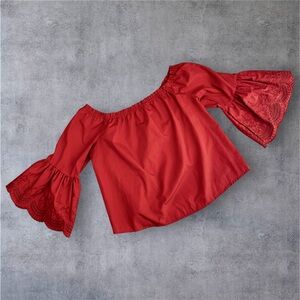 Bleuh Ciel Orange Brick Off-Shoulder Blouse with Lace Bell Sleeves, M